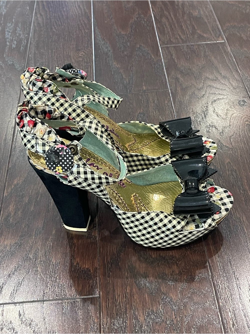 Irregular Choice Love Bug Black Plaid Checker Slingback High Heels Size 9.5